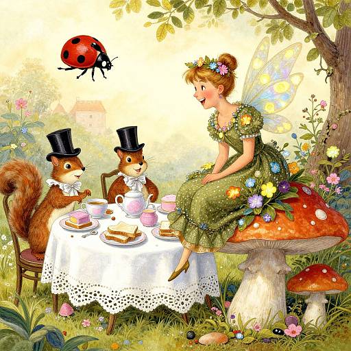 Whimsical illustration: Fairy in green dress with flowers, sitting on mushroom, watches two squirrel children in top hats, tea set, with ladybug