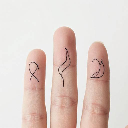 Photograph of three fingers with black ink drawings: left finger has a looped symbol, middle finger has a wavy line, right finger has a