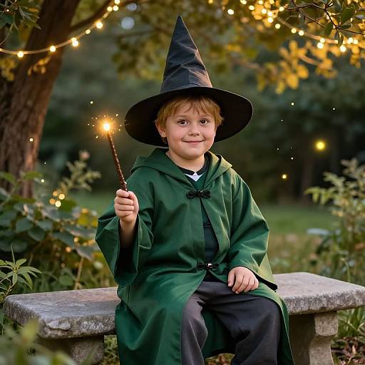 Photograph of a young boy in a green wizard costume with black hat and holding a sparkler, sitting on a stone bench in a forest, surrounded