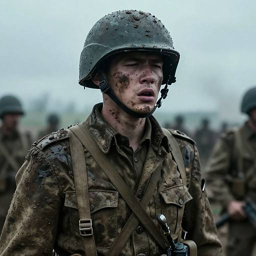 Photograph of a dirty, blood-streaked male soldier in WWII-style camouflage uniform and helmet, with blurred background of fellow soldiers.
