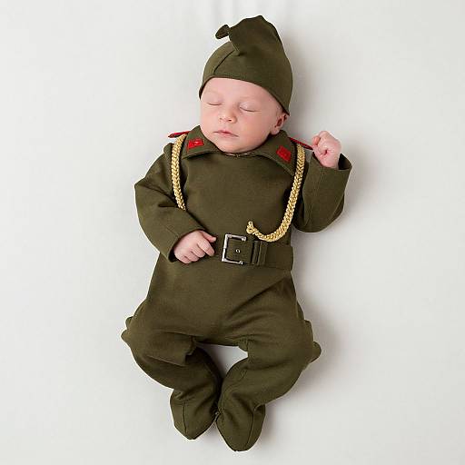 Photograph of a sleeping baby in a dark green military-style onesie with gold chain details, red shoulder accents, and a black cap, lying on