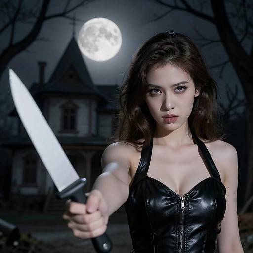 Woman Holding Knife Under Full Moon