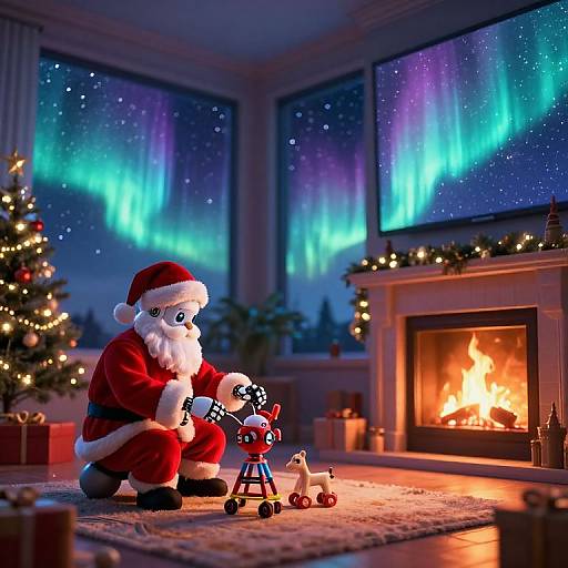 Photograph of Santa Claus playing with toy train set by fireplace, Christmas tree, and colorful aurora borealis outside large windows.