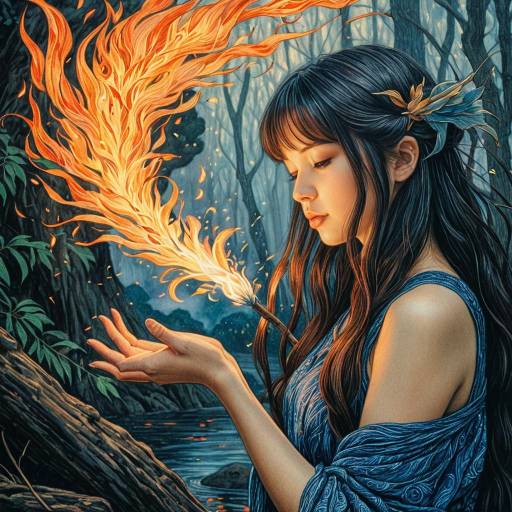 Magical Girl Holding Fire Wisp in Enchanted Forest