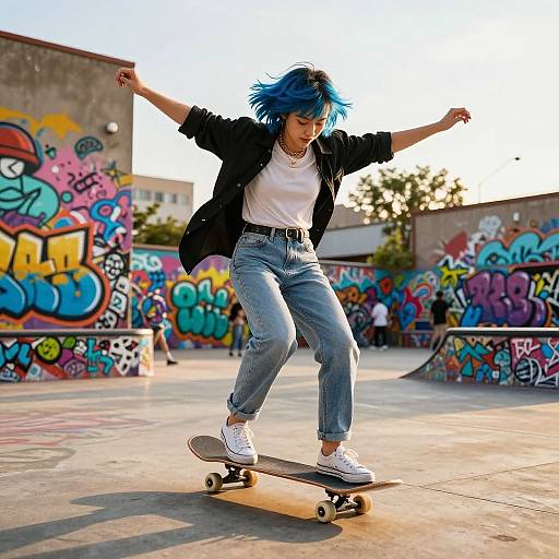 Photograph of a blue-haired woman skateboarding in a colorful, graffiti-covered skate park, wearing a black jacket, white shirt, and blue jeans.