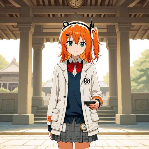 Anime Schoolgirl Cowboy Shot in Temple