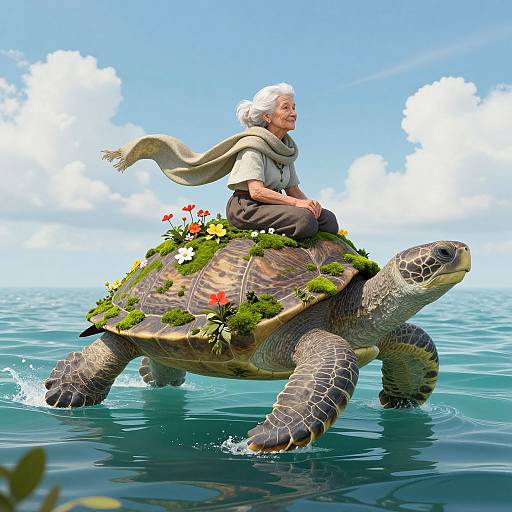 Digital illustration of an elderly woman with white hair and scarf, riding a turtle adorned with flowers, in clear ocean water under a bright blue sky.