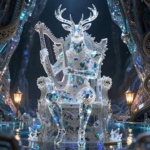 Crystalline Stag Bard with Jeweled Lyre in Crystal Cavern