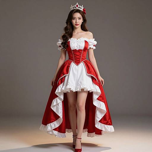 Elegant Woman in Red and White Dress with Crown