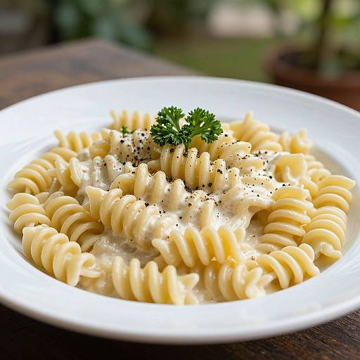 Photograph of creamy pasta with spiral shapes, topped with black pepper and fresh parsley, on a white plate, against a blurred green background.