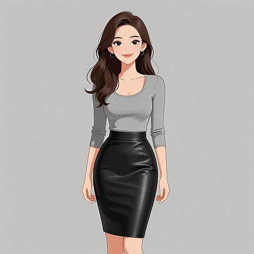 Digital anime-style drawing of a smiling woman with long brown hair, wearing a gray long-sleeve top and black leather skirt.