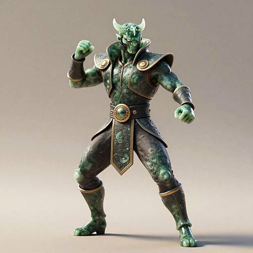CGI image of a muscular, green-skinned minotaur warrior in ornate, dark armor with gold accents, flexing arm against a plain