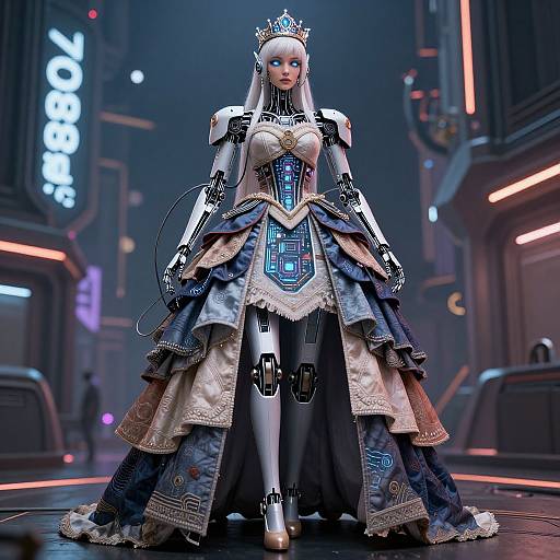 CGI cyber-queen robot in elaborate, metallic and lace gown with crown, in futuristic neon-lit cityscape, displaying intricate blue circuitry designs