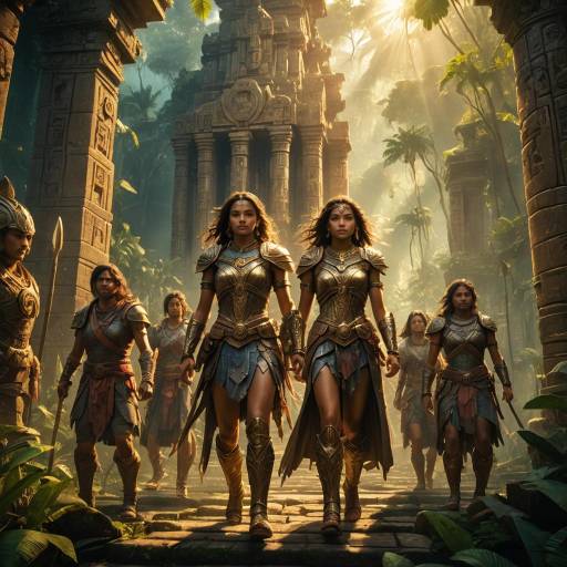 Amazonian Warrior Leading Adventurers in Temple