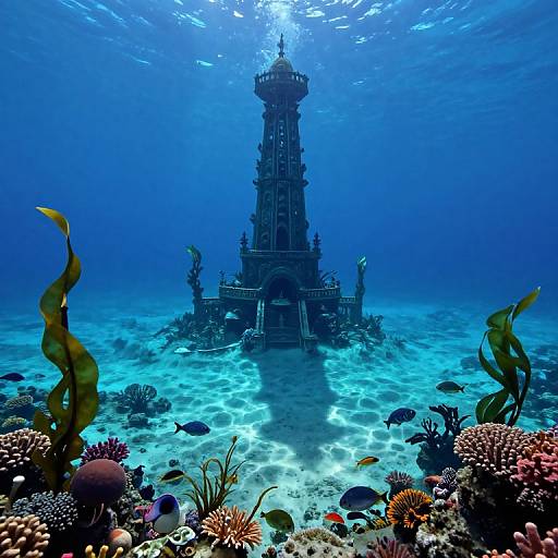 Photograph of an underwater scene featuring a sunken, castle-like structure surrounded by colorful coral, seaweed, and schools of fish in clear blue water