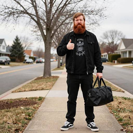Photograph of a bearded man with red hair, black jacket, and black pants, standing on a suburban sidewalk, giving a thumbs-up, holding