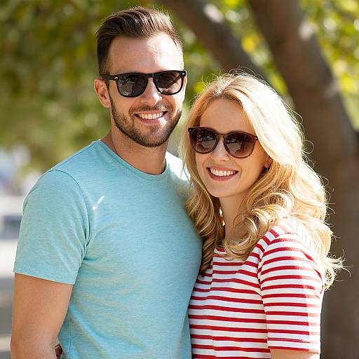 Photograph of a smiling couple wearing sunglasses; man in light blue shirt, woman in red-and-white striped shirt, outdoors with trees.
