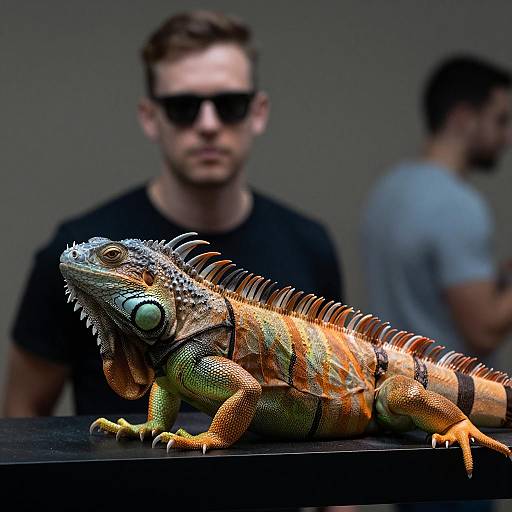 Green Iguana with Spines on Black Surface