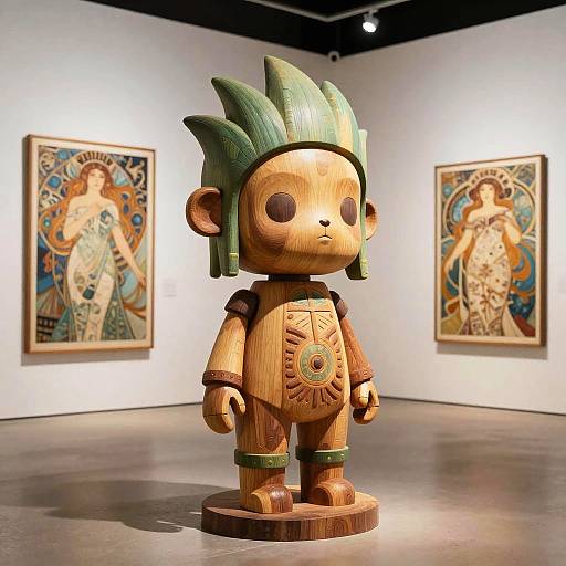Photograph of a wooden, stylized Native American child sculpture with green headdress, standing in an art gallery with two colorful paintings on the white walls