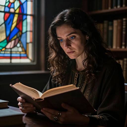 Photograph of a woman with long brown hair, blue eyes, and dark medieval-style clothing, intently reading a book in a dimly lit library