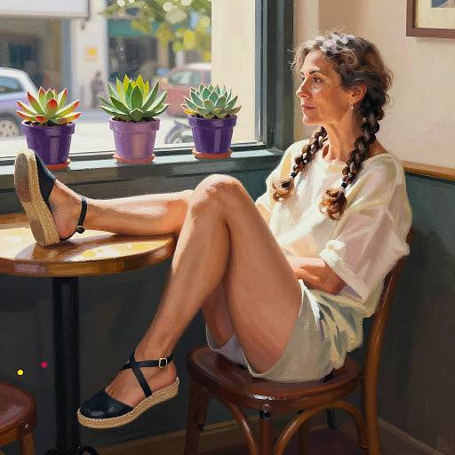 Middle-aged Woman Lounging in Sunlit Café