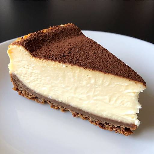 Photograph of a rich, chocolate layer cake slice with creamy white filling, dark chocolate top, and brown crust on a white plate.