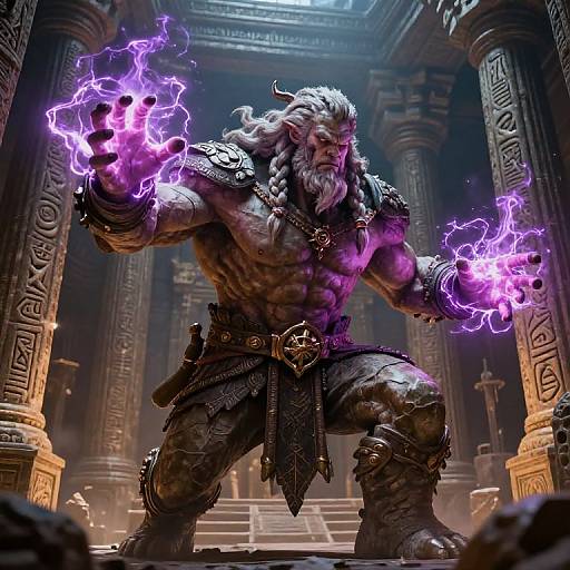 Digital fantasy artwork of a muscular, white-bearded, horned orc with glowing purple magic in each hand, standing in ornate, ancient temple.