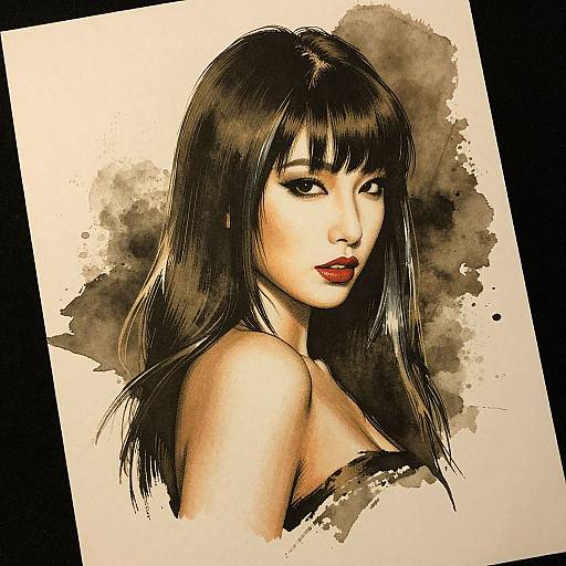 Digital illustration of an Asian woman with long black hair, red lips, and sultry gaze, set against a watercolor-style brown background.