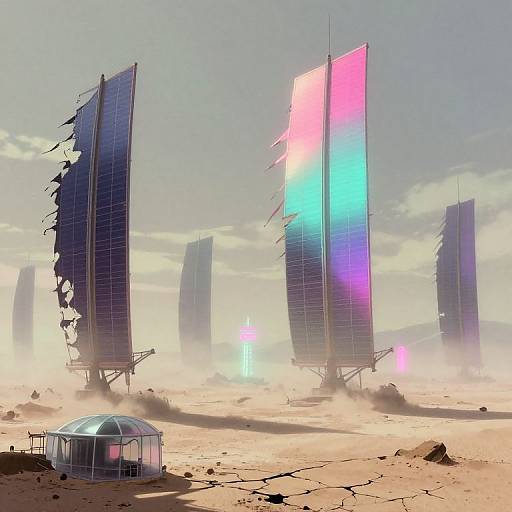 Digital artwork of futuristic, towering solar panels with vibrant pink, blue, and white lights, standing in a dusty, desert landscape with a dome-shaped structure