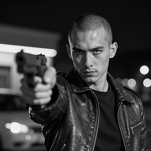 Young Man Pointing Gun in Leather Jacket