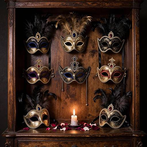 Photograph of six ornate, gold masquerade masks with black feathers and gem accents, displayed in a wooden cabinet with a lit candle below.