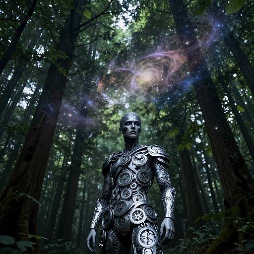 Photograph-like CGI of a metallic, humanoid figure with gears and circuits standing in a dark, mystical forest with a glowing, cosmic aura above.