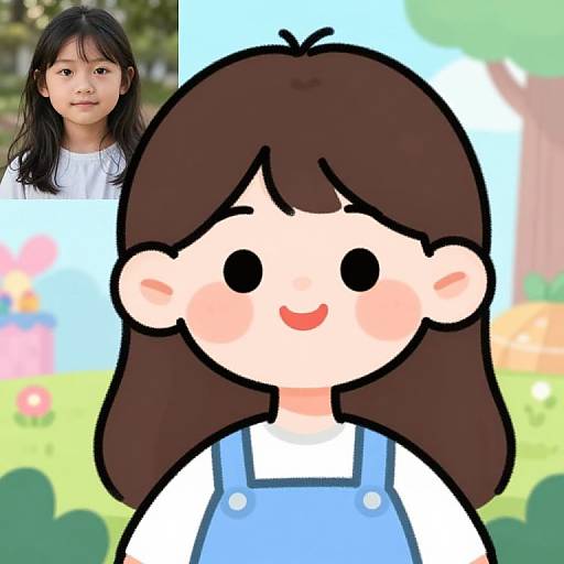 Cartoon-style digital drawing of a smiling girl with brown hair and blue overalls, superimposed over a photograph of an Asian girl with long black