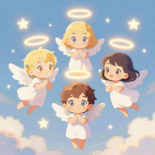 Digital anime-style illustration of four chubby, winged, haloed baby angels with different hair colors floating in a bright blue sky with stars.