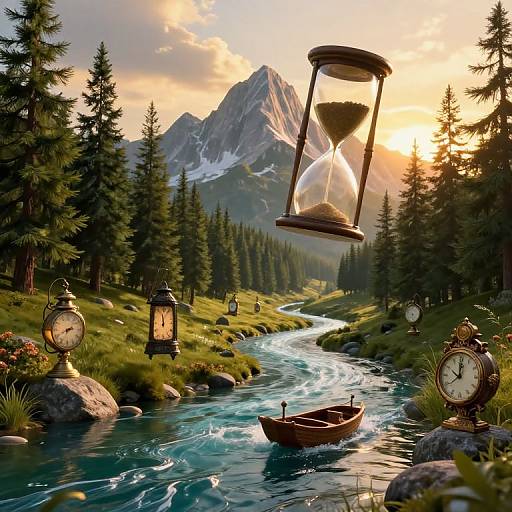 Surreal Uphill River with Floating Timepieces