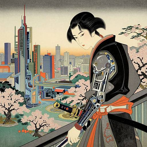Digital art of a samurai with cyber armor, holding a gun, overlooking a futuristic cityscape with cherry blossoms in the foreground.