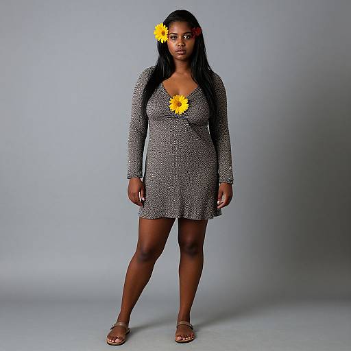 Photograph of a Black woman with dark skin, long black hair, wearing a gray, long-sleeved, patterned dress, yellow flower in