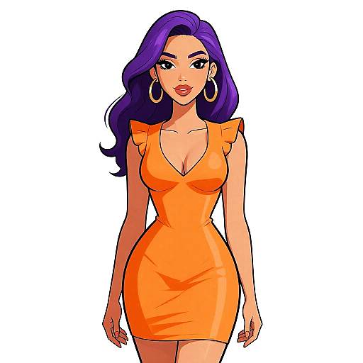 Digital illustration of a curvy woman with purple hair, wearing a tight, orange, V-neck dress, and large hoop earrings, standing against a white