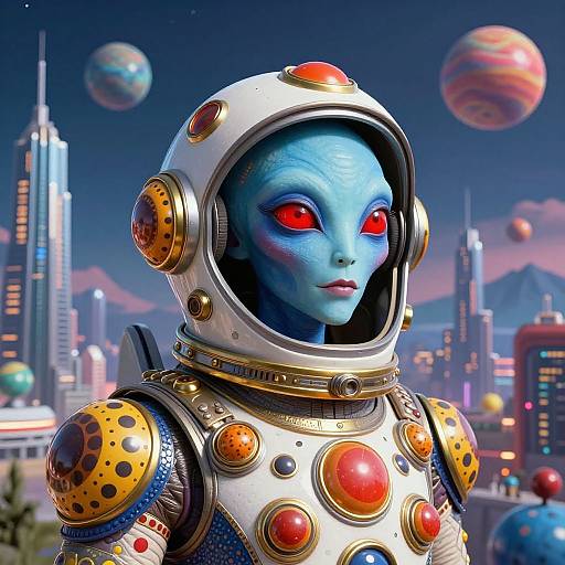 Digital artwork of a blue-skinned alien with red eyes, wearing a detailed, colorful spacesuit, against a futuristic cityscape with planets in the sky