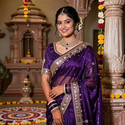Indian woman in traditional purple sari with gold embroidery, jewelry, and bindi, standing in ornate temple adorned with flowers, smiling. Photograph.