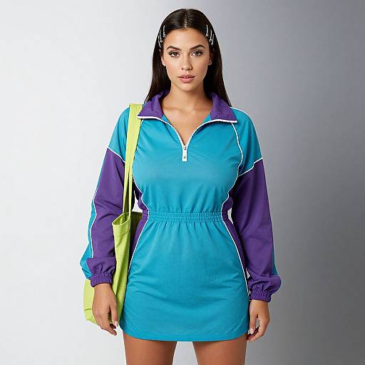 Photograph of a young woman with long black hair, wearing a blue and purple zip-up dress, carrying a green backpack, against a plain gray background