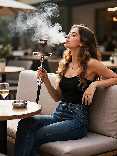 Candid Woman Smoking Shisha at Cafe