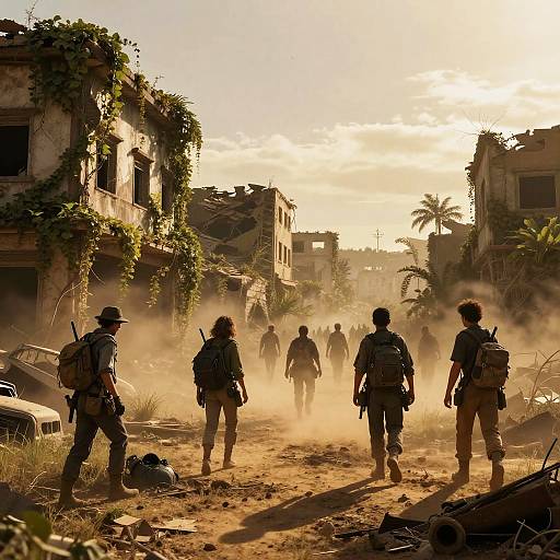 Photograph of soldiers in camouflage, with backpacks and rifles, walking through a dusty, ruined, tropical village at sunrise. Overgrown buildings, palm