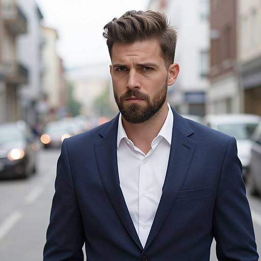 Photograph of a serious, bearded Caucasian man with styled brown hair, wearing a navy suit and white dress shirt, standing on a city street with