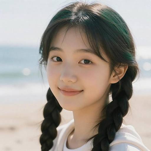 Young Korean Woman with Braided Hair at the Beach