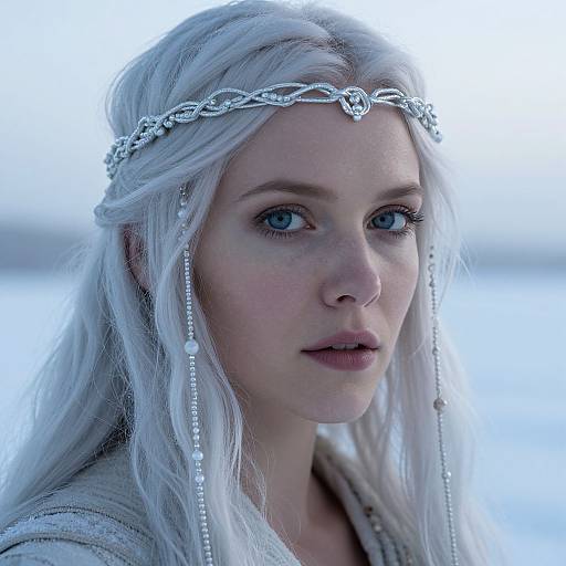 Photograph of a pale-skinned, blue-eyed woman with long, silver-white hair, wearing a silver crown and matching earrings, set against a bright