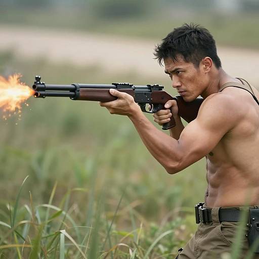 Intense Muscular Man with Rifle in Nature