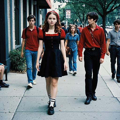 Photograph of a young woman in a black dress and red shirt, flanked by two young men in red shirts, walking on a city sidewalk with