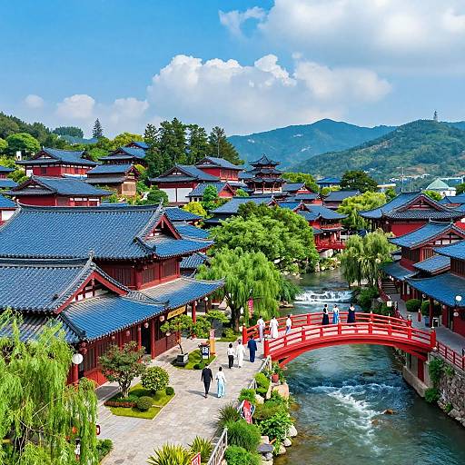 Traditional East Asian Village Scenic View