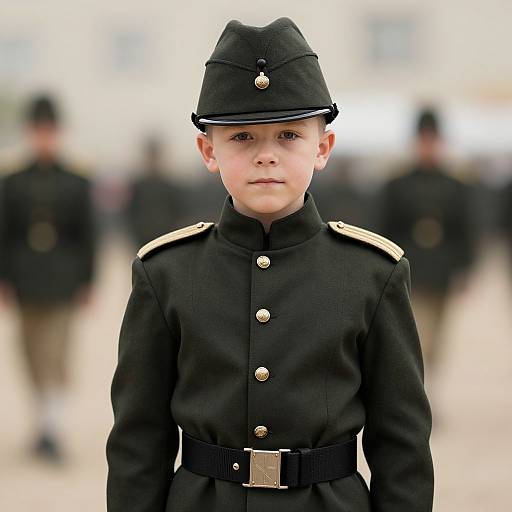 Photograph of a young boy in a black military-style uniform with gold buttons and a hat, standing in a blurred outdoor setting with other boys in similar